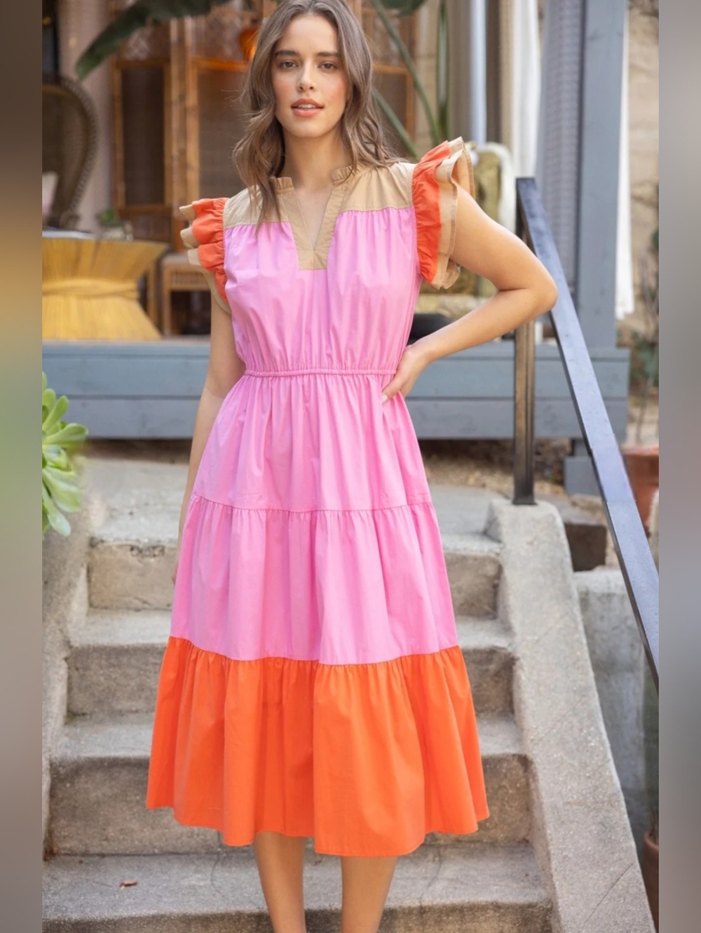 NWT VOY Short Sleeve Tiered Pink & Orange Cotton Colorblock Midi Dress Size L